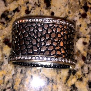 Pebbled Clamper Cuff Silver/Gunmetal-Tone Hinged Bracelet w/Rhinestones